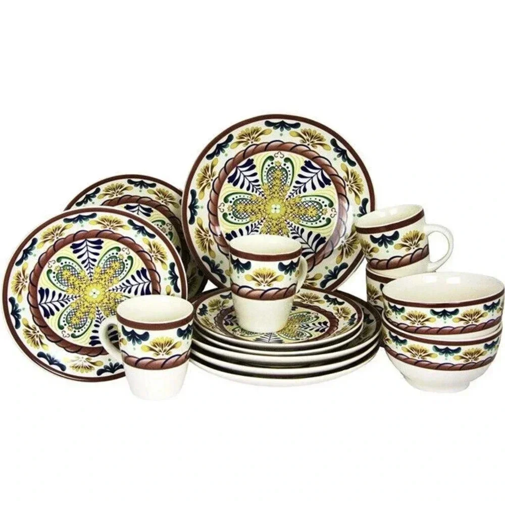 Elama Countryside Sunrise Stoneware Dinnerware Set 16 Pieces Yellow Multicolor